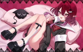 Rule 34 | 1girl, black dress, black shoes, blush, bow, bowtie, bright pupils, commentary request, dieselhuh, double-parted bangs, dress, dutch angle, ear piercing, fangs, hair between eyes, hair ornament, hand up, highres, knife hair ornament, legs, long hair, looking at viewer, open mouth, original, piercing, pointing, pointing at self, pointy ears, red bow, red bowtie, red eyes, red hair, shoes, short dress, single sock, smile, socks, solo, stuffed animal, stuffed cat, stuffed toy, vampire, white pupils, white socks, x hair ornament