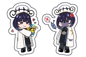 1girl anger_vein belt black_dress black_hair black_ribbon blue_belt blue_gloves blunt_bangs blush_stickers canari_plush_(pokemon) character_doll chibi chibi_only chronoroku closed_mouth coat commentary_request doll dress eyelashes full_body gen_4_pokemon gloves grey_eyes gwynn_(pokemon) hand_up hat heart holding holding_doll long_hair long_sleeves multiple_views neck_ribbon nintendo open_clothes open_coat partially_fingerless_gloves pokemon pokemon_legends:_z-a ribbon rotom rotom_phone spoken_x squiggle white_background white_coat