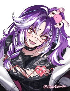 1girl black_choker black_shirt breasts choker clair_delusional cleavage collarbone eye_print fang hair_ornament highres jacket jared_(michi_mochievee) large_breasts long_braid long_hair looking_at_viewer michi_mochievee michi_mochievee_(1st_costume) multicolored_hair open_clothes open_jacket open_mouth purple_hair shirt skin_fang smile solo stitched_face stitches streaked_hair torn_clothes torn_shirt twitter_username upper_body virtual_youtuber vshojo white_eyes white_hair zipper