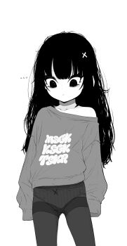 ... 1girl absurdres arms_at_sides bow bow_panties center-flap_bangs closed_mouth clothes_writing collarbone commentary cowboy_shot crotch_seam dot_nose expressionless fallenshadow greyscale hair_ornament highres indie_virtual_youtuber loli long_hair long_sleeves looking_down monochrome no_pants off-shoulder_sweater off_shoulder panties panties_under_pantyhose pantyhose pettan_(zeez4743) print_sweater sleeves_past_fingers sleeves_past_wrists solo standing straight_hair striped_clothes striped_panties sweater thighband_pantyhose thighhighs underwear variant_set vertical-striped_clothes vertical-striped_panties virtual_youtuber wispy_bangs x_hair_ornament