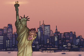 2girls bing_huyue blush_stickers boat building chibi cityscape commentary dot_nose english_commentary gem gem_hair_ornament hand_jewel highres holding holding_torch hololive hololive_english koseki_bijou long_hair multiple_girls new_york_city orange_sky pebble_(koseki_bijou) purple_gemstone purple_hair purple_shoes real_world_location shoes sky skyscraper sleeping statue_of_liberty sunset torch virtual_youtuber watercraft