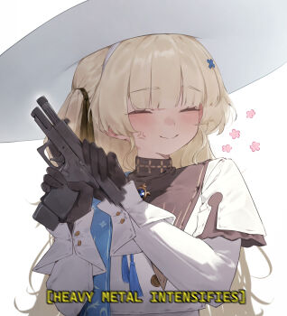 1girl anger_vein black_collar black_gloves blonde_hair blue_sash closed_eyes closed_mouth cocking_gun collar commentary english_commentary english_text flower glock gloves gun hair_ornament handgun hat highres holding holding_gun holding_weapon light_blush long_hair long_sleeves phoebe_(wuthering_waves) sash shirt simple_background smile solo upper_body weapon white_background white_hat white_shirt wuthering_waves x_hair_ornament xaea_xp
