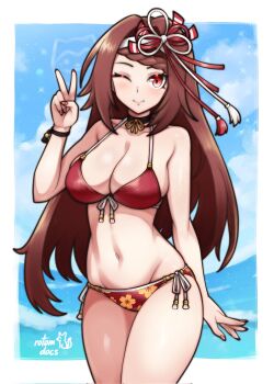 1girl ;) arm_behind_back artist_name bare_arms bare_shoulders bikini black_choker blue_sky border bracelet braid braided_bangs breasts brown_eyes brown_hair choker closed_mouth cloud commission cowboy_shot fingernails floral_print floral_print_bikini front-tie_bikini_top front-tie_top hair_ornament hair_ribbon hairband hand_up highres jewelry ko-fi_commission large_breasts legs_together light_blush long_hair looking_at_viewer navel ocean one_eye_closed original outside_border print_bikini red_bikini ribbon rotomdocs side-tie_bikini_bottom sky smile solo standing swimsuit v very_long_hair water white_border white_hairband