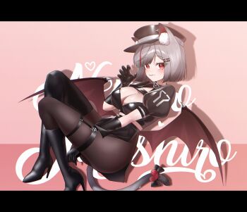 Rule 34 | 1girl, absurdres, animal ear fluff, animal ears, asymmetrical footwear, black boots, black bow, black hat, black pantyhose, black shirt, black skirt, blush, bob cut, boots, bow, breasts, cat ears, cat tail, charachan900, claw pose, cleavage, closed mouth, commentary, cropped shirt, demon wings, elbow gloves, from side, full body, gloves, grey hair, hair ornament, hairclip, hand up, hat, heart, high heel boots, high heels, highres, knees up, large breasts, letterboxed, looking to the side, multicolored hair, neneko mashiro, pantyhose, parallel hairclips, parted bangs, pink background, reclining, red eyes, shadow, shirt, short hair, short sleeves, side slit, skirt, solo, stellive, streaked hair, symbol-only commentary, tail, tail bow, tail ornament, thigh strap, thighs, tongue, tongue out, virtual youtuber, wings