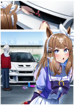 +_+ 1boy 1girl absurdres almond_eye_(umamusume) animal_ears blue_eyes blue_pants blush bow bow_hairband bowtie braid breasts brown_hair car colored_inner_hair commentary_request crying hair_between_eyes hair_ornament hairband hairclip highres holding holding_screwdriver hood hoodie horse_ears horse_girl horse_tail long_hair long_sleeves manjo_(warito) medium_breasts mitsubishi_lancer_evolution mitsubishi_motors motor_vehicle multicolored_hair nervous_sweating paint pants pleated_skirt puffy_short_sleeves puffy_sleeves purple_bow purple_bowtie purple_shirt red_hoodie sailor_collar sailor_shirt school_uniform screwdriver shirt short_sleeves skirt spray_paint sweat symbol-shaped_pupils t-head_trainer_(umamusume) tail too_many_hair_ornaments tracen_school_uniform trainer_(umamusume) umamusume white_background white_hairband white_sailor_collar white_skirt x-shaped_pupils