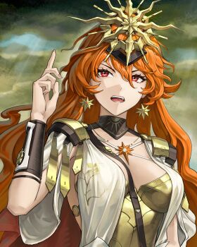 1girl absurdres arm_armor armor augusta_(wuthering_waves) breastplate breasts commentary earrings english_commentary fingernails hair_between_eyes hand_up headgear highres iqbqlz jewelry medium_breasts orange_hair red_eyes solo sun_earrings sun_necklace upper_body wuthering_waves