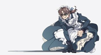 Rule 34 | 1boy, absurdres, ahoge, alternate costume, apron, ascot, beard stubble, black-framed eyewear, black-framed glasses, black gloves, bloomers, blue dress, blue ribbon, brown eyes, brown hair, cigarette, clenched hand, closed mouth, crossdressing, crossdressing (mtf), dngrumauma, dress, enmaided, facial hair, fighting stance, frilled apron, frilled bloomers, frilled dress, frills, from side, full body, glasses, gloves, gregor (project moon), grey background, hair intakes, hair ribbon, half-closed eyes, highres, holding, holding sword, holding weapon, juliet sleeves, kneeling, limbus company, long dress, long hair, long sleeves, looking ahead, low ponytail, maid, maid apron, maid headdress, male focus, male maid, on one knee, parted bangs, parted lips, petticoat, photoshop (medium), ponytail, project moon, puffy long sleeves, puffy sleeves, ribbon, semi-rimless eyewear, serious, simple background, single glove, smoke, smoking, solo, squatting, stubble, sunglasses, sweatdrop, sword, tinted eyewear, under-rim eyewear, underwear, underwear peek, waist apron, weapon, white apron, white ascot, white background, white bloomers, zwei association south uniform