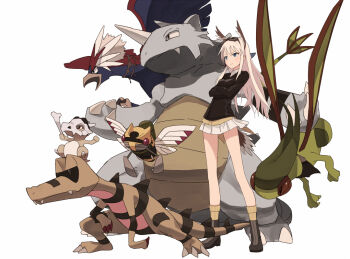 1girl black_boots black_sweater boots braviary brown_socks collared_shirt commentary crossover cubone dress_shirt flygon full_body gen_1_pokemon gen_3_pokemon gen_5_pokemon grey_hair hanna-justina_marseille krokorok long_hair long_sleeves miniskirt ninjask nintendo pleated_skirt pokemon pokemon_(creature) rhydon shirt simple_background skirt socks sweater white_background white_shirt white_skirt witches_of_africa world_witches_series yukitake_(bullfalk)