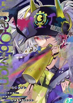 Rule 34 | 1girl, absurdres, arm up, arrow (symbol), black hat, character name, cino (cappuccino), commentary, english text, gloves, hair between eyes, hat, headphones, highres, holding, holding spray can, jacket, long hair, long sleeves, looking at viewer, luna: oblivion (graffiti code) (pgr), luna (pgr), open clothes, open jacket, outline, punishing: gray raven, purple gloves, purple jacket, red eyes, see-through clothes, sleeves past wrists, solo, spray can, spraying, star-shaped pupils, star (symbol), symbol-shaped pupils, twintails, upper body, visor cap, white hair, white outline, zipper pull tab