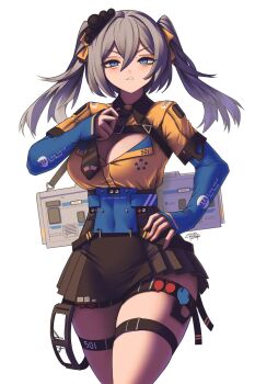 1girl adjusting_clothes adjusting_necktie american_flag artist_name bags_under_eyes belt_buckle black_skirt blue_eyes blue_sleeves breasts buckle carrying_over_shoulder chest_harness cleavage clenched_teeth collar collared_shirt commentary commission cowboy_shot dated diesel_locomotive electric_locomotive emd_dm30ac english_commentary english_text glaring goggles grey_hair hair_between_eyes hair_ribbon harness highres large_breasts light_blush locomotive logo long_island_rail_road long_sleeves looking_at_viewer medium_hair miniskirt necktie open_mouth original personification pleated_skirt ribbon shirt shoulder_strap signature simple_background skirt solo standing star_(symbol) teeth thigh_strap thighs train twintails unworn_goggles watermark white_background yellow_ribbon yellow_shirt zhvo