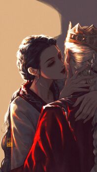 2girls a_song_of_ice_and_fire black_hair commentary crown dress english_commentary hand_on_another&#039;s_neck hand_on_another&#039;s_shoulder highres house_of_the_dragon imminent_kiss jacket long_hair midnightnolvyz multiple_girls mysaria parted_lips red_jacket red_lips rhaenyra_targaryen upper_body white_dress white_hair yuri