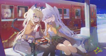 3girls :d animal_ear_fluff animal_ears bento black_leggings black_socks blonde_hair blue_eyes blue_sky blush bow bowtie breasts cat_ears cat_girl cat_tail chopsticks closed_eyes commentary_request coria highres holding holding_chopsticks jacket leggings long_hair long_sleeves looking_at_another multiple_girls open_mouth original pink_hair plaid_clothes plaid_skirt pleated_skirt purple_hair red_bow red_bowtie red_eyes shirt signature sitting skirt sky small_breasts smile snow snowing socks tail train train_station white_shirt yellow_bow yellow_bowtie yellow_jacket