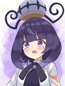 1girl :o absurdres black_dress blush coat dress gwynn_(pokemon) hat highres looking_at_viewer nintendo open_clothes open_coat open_mouth pokemon pokemon_legends:_z-a purple_hair shiraha_maru short_hair solo surprised upper_body white_coat