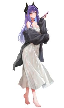 1girl barefoot blush breasts cardigan cellphone cleavage commentary_request corrupted_twitter_file double-parted_bangs dragon_girl dragon_horns dress full_body grey_cardigan hand_up highres holding holding_phone horns kazuhi5214 korean_commentary long_dress long_hair looking_at_viewer no_tail no_wings open_cardigan open_clothes parted_lips phone pointy_ears purple_hair sakihane_huya single_off_shoulder sleeveless sleeveless_dress smartphone solo spaghetti_strap standing stellive straight_hair toenails toes virtual_youtuber white_dress yellow_eyes