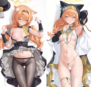 1girl absurdres adapted_costume animal_ear_fluff animal_ears aqua_eyes arm_behind_head arm_up armpits ascot bed_sheet black_hairband black_hat black_overskirt black_panties black_pantyhose black_skirt black_sleeves black_veil blue_archive blush bow bow_choker braid breasts cameltoe cat_ears cat_girl censored choker closed_mouth cropped cross dakimakura_(medium) detached_sleeves dress ears_under_headwear extra_ears flower frilled_choker frills gluteal_fold gold_thighlet grey_dress hair_between_eyes hairband halo hat hat_flower heart heart_censor highres houkisei index_finger_raised long_hair long_sleeves looking_at_viewer low_twintails lying mari_(blue_archive) mari_(idol)_(blue_archive) medium_breasts mini_hat mini_top_hat naked_sheet navel no_bra nun official_alternate_costume official_alternate_hairstyle on_back on_bed open_clothes open_dress orange_hair panties panties_under_pantyhose pantyhose puffy_long_sleeves puffy_sleeves rose see-through_clothes see-through_pantyhose see-through_thighhighs single_braid single_thighhigh skindentation skirt smile stomach thighhighs thighlet thighs top_hat twintails underboob underwear unworn_hat unworn_headwear veil white_ascot white_thighhighs wrist_wrap yellow_bow yellow_flower yellow_halo yellow_rose