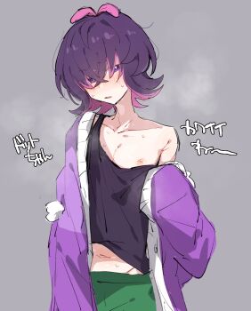1girl androgynous azuma_shino bad_id bad_pixiv_id black_tank_top blush dot_(pokemon) embarrassed flat_chest hetero jacket multicolored_hair nintendo nipples pokemon pokemon_(anime) pokemon_horizons pulling_own_clothes purple_eyes purple_hair purple_jacket skinny sweat tank_top text_background tomboy two-tone_hair