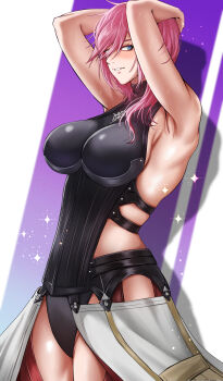 1girl absurdres armor armored_leotard arms_behind_head arms_up black_armor blue_eyes boobplate breastplate breasts fax61209 final_fantasy final_fantasy_xiii highres large_breasts leotard lightning_farron lightning_returns:_final_fantasy_xiii looking_at_viewer parted_lips pink_hair sideboob smile solo thighhighs waist_cape