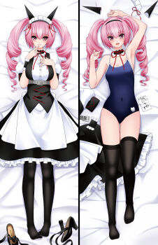 1girl absurdres akiha_rumiho animal_ears animal_print arm_over_head armpits arms_up bare_shoulders bed_sheet belt_around_waist black_pantyhose black_thighhighs blush breasts cat_print cleavage commentary_request covered_navel dakimakura_(medium) dress drill_hair eibon fake_animal_ears frills full_body high_heels highres long_hair looking_at_viewer lying mary_janes mayqueen_maid_uniform multiple_views name_tag on_back one-piece_swimsuit pantyhose pink_eyes pink_hair science_adventure shoes smile steins;gate swimsuit thighhighs twin_drills twintails unworn_clothes unworn_fake_animal_ears