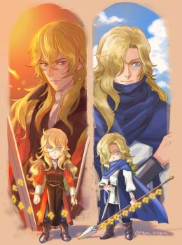 2boys androgynous blonde_hair blue_eyes border brown_border closed_mouth commentary_request deformed erhardt_(octopath_traveler) green_eyes hair_between_eyes hair_over_one_eye holding holding_polearm holding_sword holding_weapon leon_bastralle male_focus multiple_boys multiple_views octopath_traveler octopath_traveler_i polearm regan_(hatsumi) smile spear standing sword wavy_hair weapon