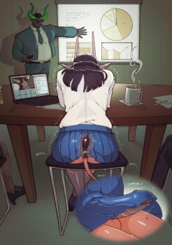 1boy 1futa absurdres anal anal_object_insertion black_footwear black_hair blue_skirt borrowed_character bulge butt_plug close-up colored_skin computer cup demon_girl demon_horns demon_tail erection erection_under_clothes futanari futanari_masturbation highres horns indoors laptop long_hair long_sleeves masturbation mesara_(sulcate) multicolored_skin necktie object_insertion original pants penis pleated_skirt pointy_ears precum red_skin sex_toy shirt sitting skirt stealth_masturbation steam stool sulcate table tail testicles trembling uncensored vibrator white_shirt x-ray