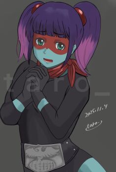 1girl artist_request bare_legs black_leotard breasts curvy gradient_hair highres kamen_rider leotard lips long_hair multicolored_hair purple_hair solo standing toujima_tanzaburou_wa_kamen_rider_ni_naritai twintails twitter_username wide_hips yukarisu