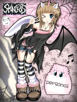 1girl 2000s_(style) angel_wings animal_ears asymmetrical_wings black_lace_trim black_shirt blue_eyes blush bone_hair_ornament brain brown_hair coffin_hair_ornament demon_wings denim denim_shorts english_text fluffle_puff hair_ornament highres horns liepssa mismatched_wings original pink_tank_top shirt shorts silk single_horn skull_background spider_web spiked_boots spiked_headband star_on_cheek striped_clothes striped_thighhighs tank_top thighhighs unicorn_horn v wings