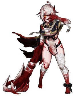 1girl absurdres ahoge asymmetrical_arms bandaged_arm bandaged_leg bandages blood blood_on_arm blood_on_face blood_stain breasts cape capelet claws commission covering_face cuffs ekrea_jan fingernails full_body highres horns looking_at_viewer monster_girl mutation orange_eyes original shackles sharp_fingernails sharp_toenails short_hair simple_background skeb_commission small_breasts solo toenails toes white_background white_hair