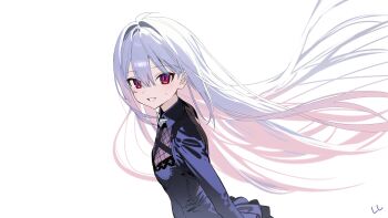 1girl absurdres ahoge black_dress borrowed_character center-flap_bangs collared_dress commentary_request dress floating_hair from_side grey_hair grin hair_between_eyes highres ll_0109 long_hair long_sleeves looking_at_viewer mearylis_(yamanasi_mikage) original red_eyes simple_background small_sweatdrop smile solo turning_head upper_body very_long_hair white_background