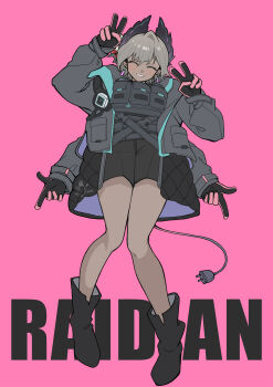1girl absurdres arknights black_gloves black_jacket black_skirt boots character_name chinese_commentary closed_eyes commentary_request dark-skinned_female dark_skin english_text facing_viewer full_body gloves grey_hair grey_jacket grin highres horns jacket long_sleeves open_clothes open_jacket pink_background raidian_(arknights) short_hair simple_background skirt smile solo tail tingliang v