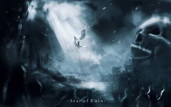 1girl 6+others armor artskiddy69 cloud cloudy_sky feathered_wings floating holding holding_sword holding_weapon light_particles light_rays mountainous_horizon multiple_others nephis_(shadow_slave) people shadow_slave skull sky spotlight sword weapon white_wings wings