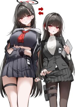 2girls absurdres arrow_(symbol) black_choker black_hair black_jacket black_pantyhose black_skirt blue_archive blush breasts bright_pupils chisa_(wuthering_waves) choker commentary_request cosplay costume_switch crop_top crossover furuming1 hair_ornament hair_ribbon halo highres holding holding_tablet_pc holster id_card jacket large_breasts long_hair multiple_girls pantyhose red_eyes red_ribbon ribbon rio_(blue_archive) sailor_collar shirt simple_background skirt sweatdrop tablet_pc thigh_holster thigh_strap watch white_background white_pupils white_sailor_collar white_shirt wristwatch wuthering_waves