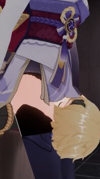 1boy 1girl artist_request blonde_hair dress femdom genshin_impact head_between_thighs headscissor highres jacket long_hair purple_dress purple_eyes purple_hair raiden_shogun red_jacket red_ribbon reverse_ryona ribbon sadism scissorhold thighs thoma_(genshin_impact)