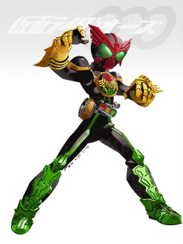 1boy armor copyright_name full_body green_eyes helmet highres kamen_rider kamen_rider_ooo kamen_rider_ooo_(series) male_focus ooo_driver penpenhuihui red_helmet solo tokusatsu yellow_armor