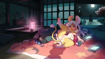 1girl 1other aas_(pixiv_3382255) absurdres animal_ear_fluff animal_ears animal_feet anus ass barefoot blush bottomless caught cellphone embarrassed flat_chest full_moon furry furry_female futon highres huge_filesize indoors japanese_clothes kimono lantern leg_up legs loli long_hair lying moon mouse_ears mouse_girl mouse_tail navel night night_sky nintendo_switch nipples off_shoulder on_back open_clothes open_kimono open_mouth original phone pillow pussy red_eyes red_kimono scenery sex_toy shadow short_kimono sky smartphone spread_legs star_(sky) starry_sky table tail thighs vibrator walk-in white_hair