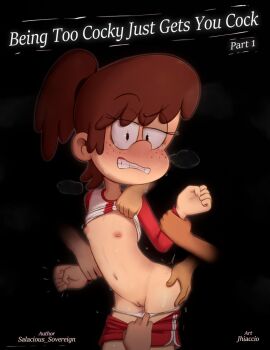 blush brown_hair flat_chest freckles groping imminent_penetration imminent_rape jhiaccio loli looking_at_viewer lynn_loud nude pussy the_loud_house undressing_another