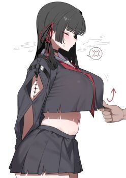 1girl arm_cutout black_choker black_hair black_shirt black_skirt chisa_(wuthering_waves) choker clothes_pull clothing_cutout covered_erect_nipples hair_ribbon highres long_hair looking_at_viewer mole mole_under_eye neckerchief red_eyes red_ribbon ribbon sailor_collar school_uniform serafuku shirt shirt_hold skirt solo tacet_mark_(wuthering_waves) white_sailor_collar wuthering_waves yzr_(yzr99)
