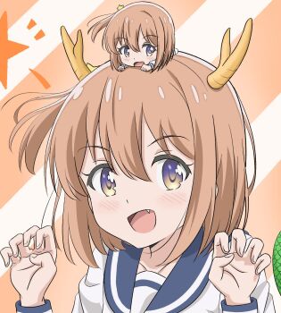 Rule 34 | 1girl, blue sailor collar, blush, chibi, collarbone, dot nose, dragon girl, dragon horns, fang, feet out of frame, female focus, hair between eyes, hair ornament, horns, koisuru asteroid, konohata mira, long sleeves, looking at viewer, open mouth, orange hair, qb (qb46311027), sailor collar, shirt, short hair, solo, standing, star (symbol), star hair ornament, tail, upper body, white shirt