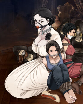 6+girls absurdres ada_wong alcina_dimitrescu arms_behind_back ball_gag bdsm bela_dimitrescu black_flower black_hair blonde_hair blue_eyes bondage bound bound_ankles bound_arms breasts brown_eyes brown_hair capcom cassandra_dimitrescu cleavage cleave_gag cloth_gag daniela_dimitrescu earrings flower gag gagged highres improvised_gag jewelry jill_valentine large_breasts looking_at_viewer lost_one_zero makeup multiple_girls nail_polish necklace resident_evil resident_evil_2 resident_evil_3:_nemesis resident_evil_village shoes tape tape_gag toenail_polish toenails unworn_shoes yellow_eyes