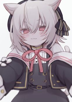 1girl :3 animal_ear_fluff animal_ears arazan_(ara_arazan24) belt beret black_dress black_hat black_jacket blush bow buttons cat_ears cat_tail colored_inner_hair double-breasted dress from_below girl_on_top hair_between_eyes hashtag-only_commentary hat hat_ribbon jacket long_sleeves multicolored_hair neck_ribbon open_clothes open_jacket pinafore_dress pink_eyes pink_hair pink_ribbon pov ribbon sayo_(voicevox) shirt short_hair simple_background sleeve_bow sleeve_cuffs sleeveless sleeveless_dress solo tail voicevox white_background white_bow white_hair white_shirt yuri