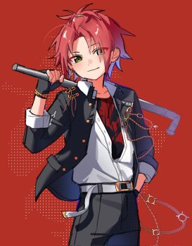 1boy bangs_pinned_back belt black_gloves black_pants closed_mouth commentary_request cowboy_shot curtained_hair ensemble_stars! eyes_visible_through_hair fingerless_gloves gakuran gloves green_eyes grey_belt hand_up highres holding holding_lead_pipe isara_mao korean_commentary layered_clothes lead_pipe long_sleeves looking_at_viewer male_focus open_clothes open_shirt pants red_background red_hair safety_pin school_uniform shirt smile solo udongsari white_shirt