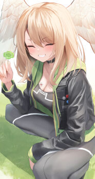 1girl black_bodysuit black_choker black_jacket bodysuit breast_tattoo breasts brown_hair choker cleavage closed_eyes clover commentary_request eunie_(xenoblade) flower four-leaf_clover grass green_flower head_wings highres holding holding_flower jacket large_breasts long_hair open_clothes open_jacket shiroshiroghost smile solo tattoo wings xenoblade_chronicles_(series) xenoblade_chronicles_3