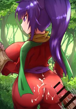 :o absurdres ajura_(kiiroi_kaiten_mokuba) arc_the_lad ass breasts censored collar cum cum_on_ass cum_on_body cum_on_clothes focused forest from_behind highres huge_ass japanese_clothes kukuru_(arc_the_lad) large_breasts long_hair male_masturbation map masturbation motion_lines nature outdoors penis ponytail purple_eyes purple_hair reading sash scarf standing