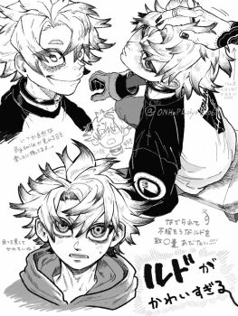 0nhnplolyrevp68 2boys arm_tattoo commentary_request enjin_(gachiakuta) forced_smile gachiakuta gloves greyscale hand_on_another's_head highres jewelry looking_at_viewer male_focus monochrome multiple_boys multiple_views nail_polish neck_ring out_of_frame rudo_surebrec short_hair simple_background solo_focus tattoo translation_request twitter_username white_background