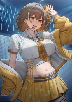 1girl ahoge anis_(nikke) anis_(star)_(t.t._star)_(nikke) blush breasts brown_hair cat_ornament gileu glowstick goddess_of_victory:_nikke hair_ornament headset highres idol jacket jacket_partially_removed jewelry large_breasts looking_at_viewer midriff navel necktie official_alternate_costume open_mouth penlight_(glowstick) plaid_clothes plaid_necktie shirt short_hair short_sleeves skirt smile star_(symbol) teeth upper_teeth_only white_shirt yellow_jacket yellow_necktie yellow_skirt