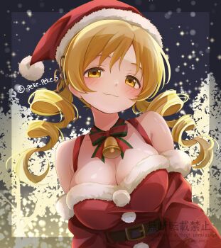 1girl absurdres alternate_costume bell belt black_belt breasts christmas dress drill_hair hat highres large_breasts long_hair long_sleeves looking_at_viewer mahou_shoujo_madoka_magica neck_bell night outdoors peke_peke_s santa_costume santa_dress santa_hat snowing solo tomoe_mami tree twintails upper_body watermark yellow_eyes
