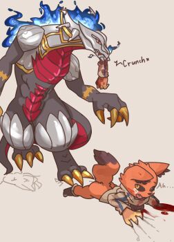 1girl amputee black_sclera blue_flame_dragon_(grimms_notes) colored_sclera dragon furry furry_female grimms_notes guro kung_fu_villain_(grimms_notes) mewridan_joe monster open_mouth orange_eyes orange_fur simple_background white_background