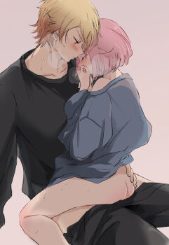 Rule 34 | 1boy, 1girl, ass, black pants, black shirt, blonde hair, blue shirt, blush, collarbone, commentary request, gradient hair, hand on another's ass, hands up, heavy breathing, highres, implied sex, invisible chair, long sleeves, male focus, momomo (m0 3), multicolored hair, no panties, no pants, ootori emu, orange eyes, orange hair, oversized clothes, oversized shirt, pants, partially undressed, pink background, pink hair, profile, project sekai, shirt, short hair, sitting, sitting on lap, sitting on person, straddling, sweat, tenma tsukasa