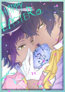 1boy 1girl absurdres animal_ears artist_name black_hair blue_petals border bow bowl collared_shirt cracked_bowl d.gray-man dark-skinned_female dark-skinned_male dark_skin dress_shirt earrings easter english_text facing_another falling_petals gloves green_border hair_between_eyes happy_easter highres holding holding_bowl jewelry looking_at_viewer messy_hair mole mole_under_eye neckerchief noah_(d.gray-man) parted_bangs petals pink_petals pink_shirt purple_hair purple_vest rabbit_earrings rabbit_ears road_kamelot shirt short_hair sidelocks signature single_glove stud_earrings twitter_username tyki_mikk vest white_background white_gloves white_shirt yellow_bow yellow_eyes yellow_neckerchief zakuro_(zaku_wine)