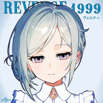 Rule 34 | 1girl, algea, artist name, blue background, character name, closed mouth, collared shirt, commentary, copyright name, expressionless, grey eyes, grey hair, hair bun, highres, looking at viewer, portrait, reverse:1999, shirt, single side bun, solo, vertin (reverse:1999), white shirt