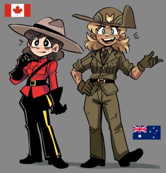 Rule 34 | 2girls, absurdres, australian flag, bandaid, bandaid on face, bandaid on nose, black eyes, black gloves, black pants, black shoes, blonde hair, blue eyes, brown hair, brown hat, brown jacket, brown pants, brown shirt, canadian flag, chipped tooth, collared shirt, dark-skinned female, dark skin, gloves, grey background, hand on own hip, hat, highres, jacket, long sleeves, multiple girls, open mouth, original, pants, peargor, police, royal canadian mounted police, shirt, shoes, simple background, standing